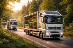 transport écologique de matériel pour associations nature, assuré par des camions mercedes actros performants et respectueux de l'environnement.